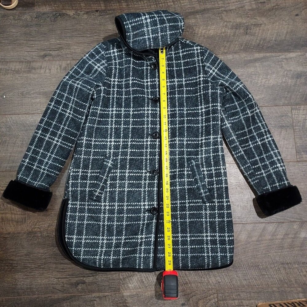 Coat Hooded Jacket Plush Lined Charcoal Plaid Small Ike Behar - Picture 8 of 16